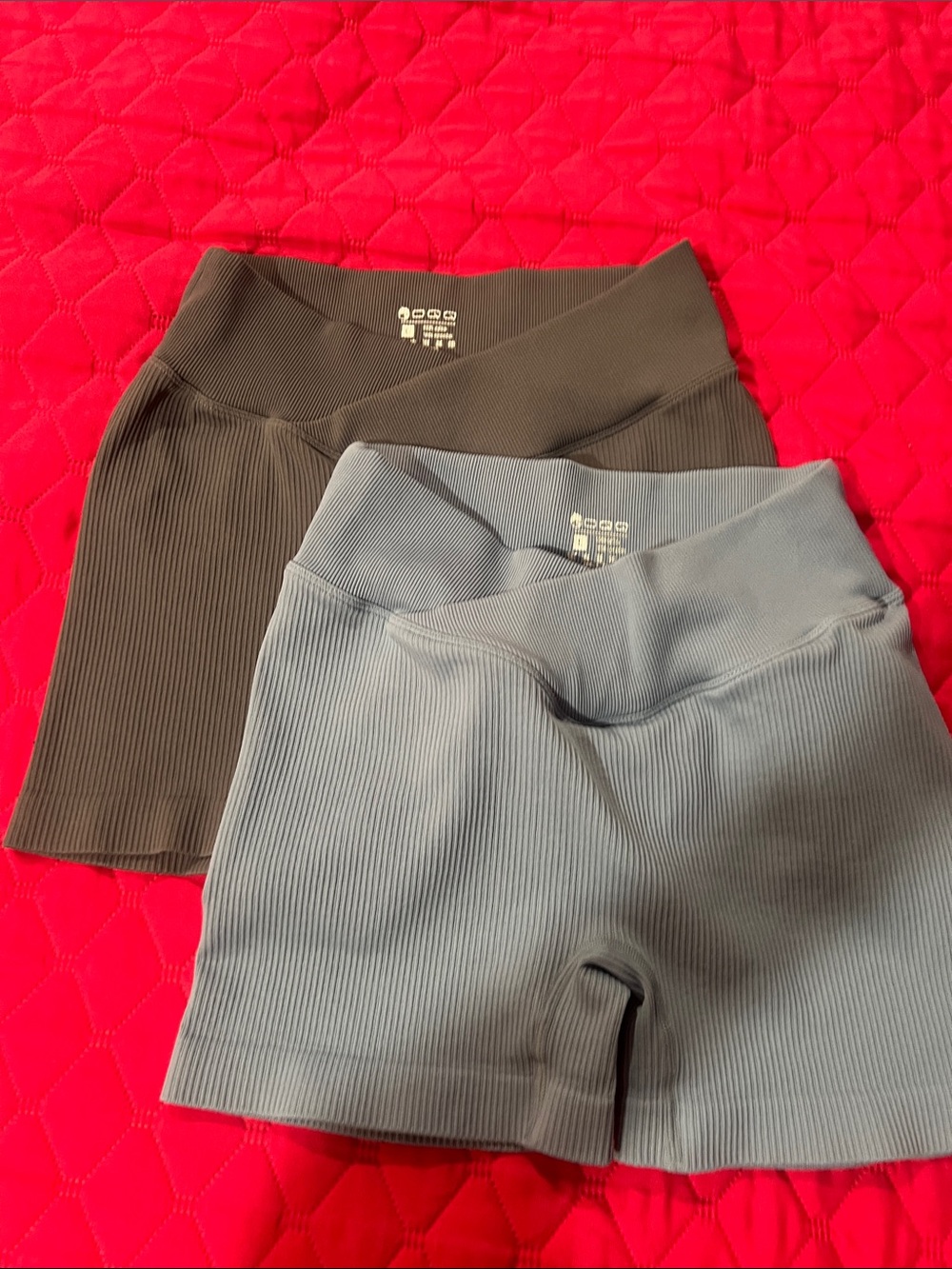 OQQ High-Waist Ribbed Bike Shorts — Gray and Dusty Blue